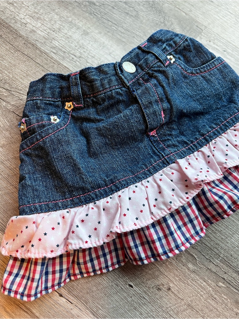 Y2K Denim Ruffle Girls Skirt with Pink & Plaid Trim 18M